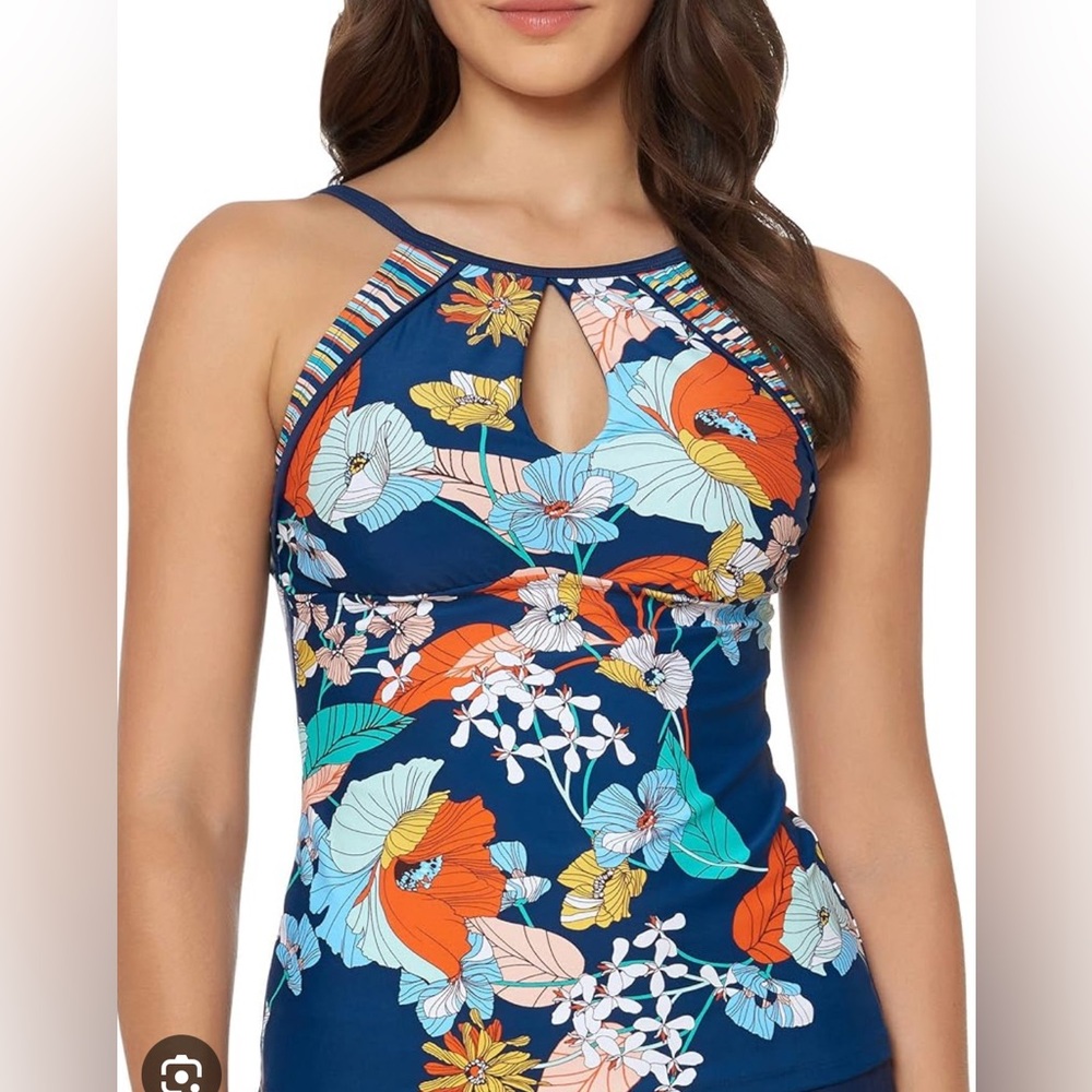 Ellen Tracy Blue Floral Tankini Swimsuit with Cross-Strap Detail